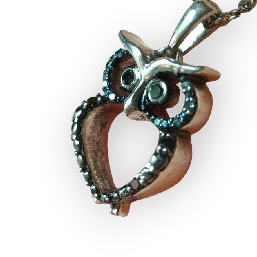 925 Jwbr Sterling Silver Blue Crystal Accent Owl Pendant Necklace